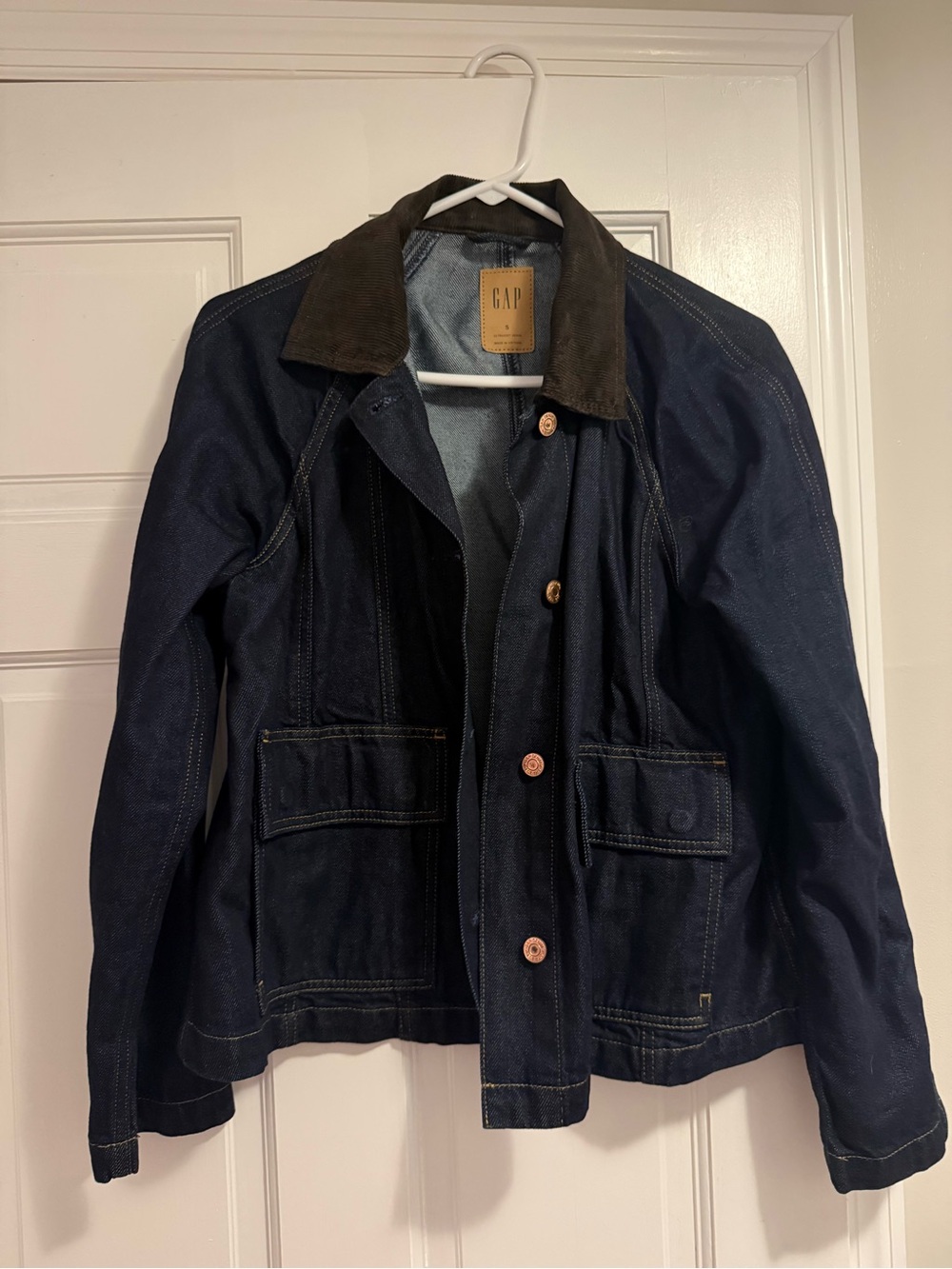 GAP Men's Navy Denim Field Jacket with Brown Corduroy Collar